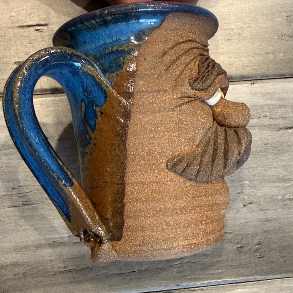 Vintage Handcrafted Brown Ceramic Character Mug with Blue Accent - Picture 2 of 10